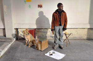 Une scène du film Le Havre, avec Blondin Miguel et la chienne Laïka.